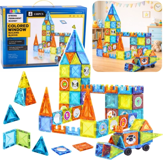 Magnetic 3D Building Set with Vehicle, Windows and Stickers – 138 Pieces