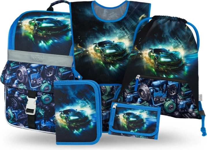 Baagl set scolaire 5 pièces Zippy voiture de course – cartable, trousse, sac, tablier et porte‑monnaie