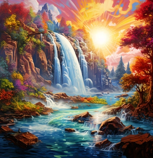 Pittura diamantata Tramonto alla cascata 30 × 40 cm