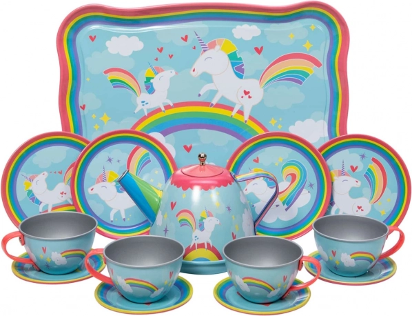 Schylling Unicorn Tea Set, Metal 15-Piece Set for Kids