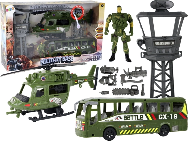 Military set with helicopter, combat vehicle, control tower and soldier figure