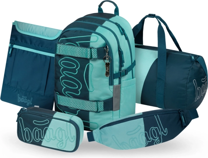 Ensemble scolaire Baagl Skate Petrol – sac à dos, trousse, sac de sport pliable, banane et housse d’ordinateur GRS