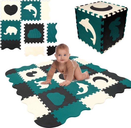 Humbi foam play mat and playpen 3-in-1, 120 × 120 cm, animals, black/cream/dark green
