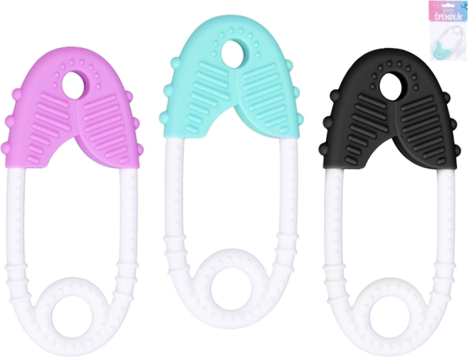 Silicone teether shaped like a safety pin for babies