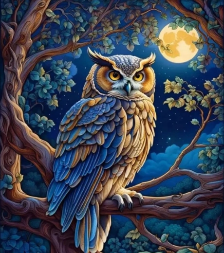 Diamantmaling – ugle ved fuldmåne 30 × 40 cm