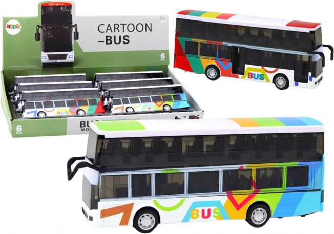 Dvojposchodový farebný kovový autobus so zotrvačníkovým pohonom, svetlami a zvukmi