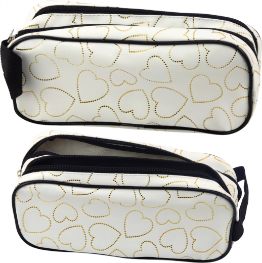 White school pencil case with golden hearts, two compartments