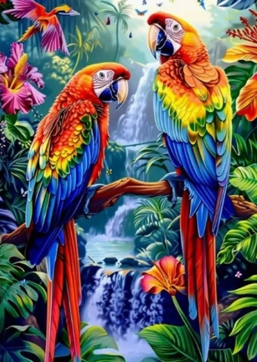 Diamond Painting with Parrots by the Waterfall