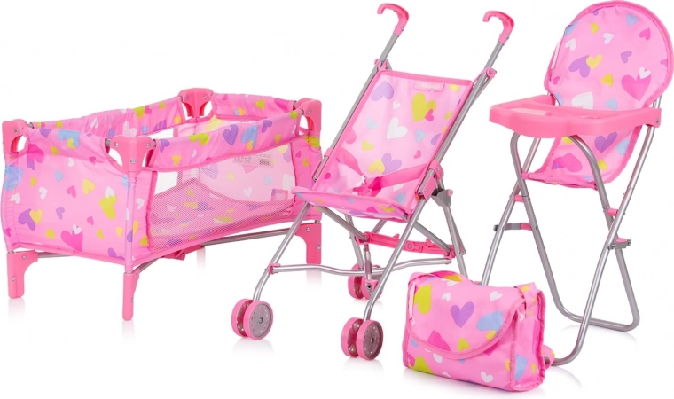 CHIPOLINO Trixy Hearts 3-in-1 doll set – stroller, crib and high chair