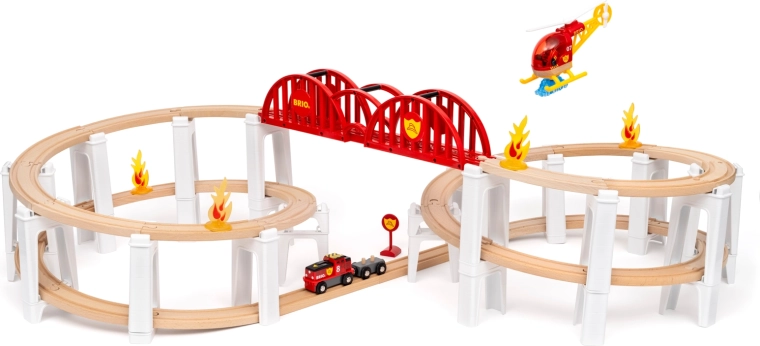 Brio World megaspirale – ferrovia in legno con ponte, accessori dei vigili del fuoco ed elicottero