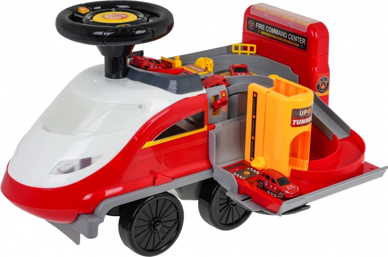 Interactive 2-in-1 ride-on Firefighters with lights and sounds, parking garage and 4 mini cars