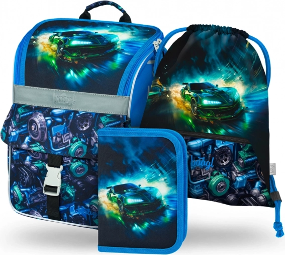 Baagl Zippy Race Car School Set – Satchel, Pencil Case and Drawstring Bag