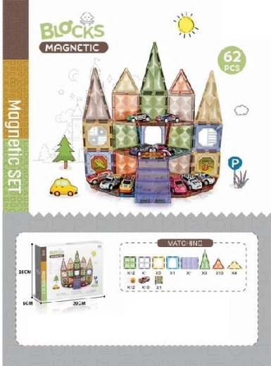 Jeu de construction magnétique avec petites voitures, 62 pièces