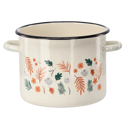 Pentola smaltata 5,5 l, diametro 22 cm, color crema con motivo foglie