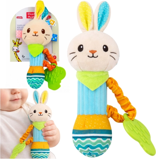 Plišasta ropotuljica zajček z grizalom in piskačem za dojenčke
