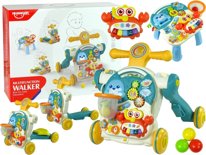 Duwloopwagen 4-in-1 met educatieve tafel, loopfiets en step – blauw