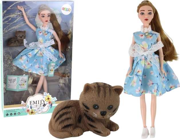 Bambola Emily primaverile con capelli lunghi in abito blu e con gattino