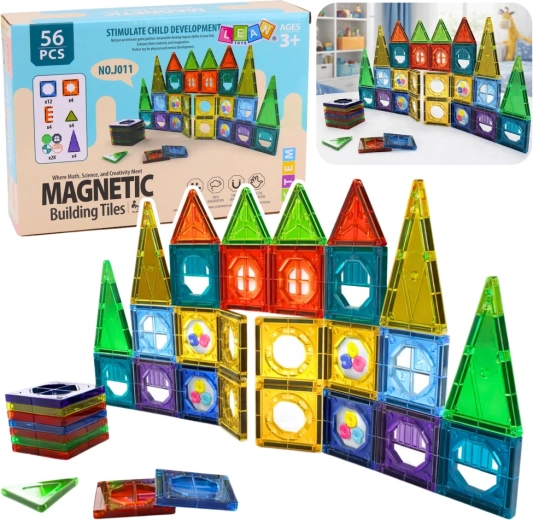 Jeu de construction magnétique 3D avec fenêtres, panneaux colorés, 56 pièces