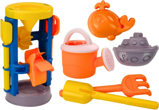 Duży zestaw do piasku z młynkiem, łopatką, grabiami, konewką i foremkami
