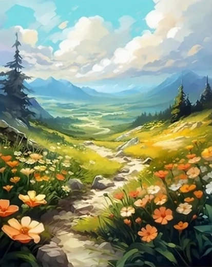 Diamantmalerei Blumen-Bergpfad 30 × 40 cm