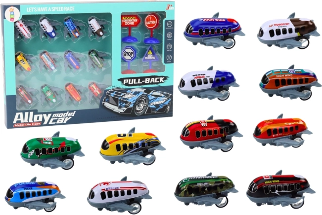 Set di 12 giocattoli a forma di aerei con motorizzazione e segnaletica stradale