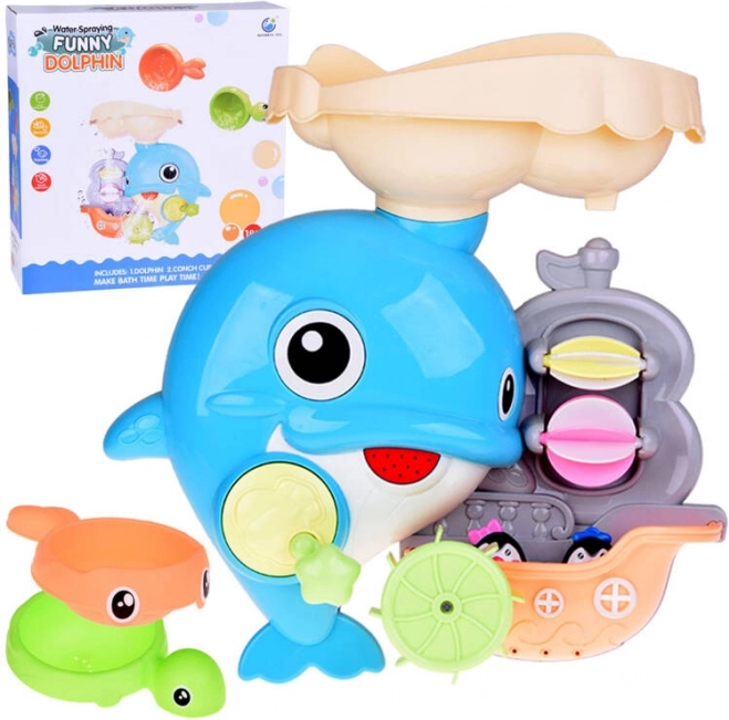 dauphin joyeux – jouet de bain avec petit bateau et manchots