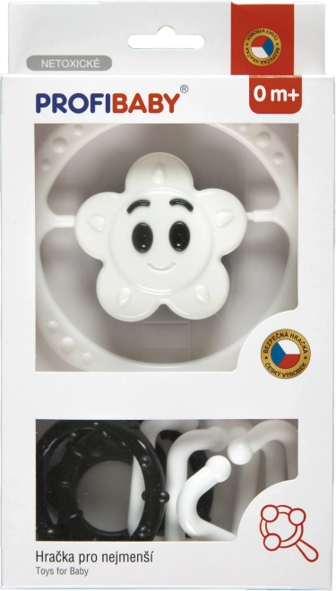 Súprava hrkálok čiernobiela – reťaz na kočík a hrkálka hviezdička/kvietok