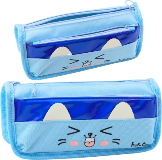 Double-compartment pencil case with cat motif blue 22 cm