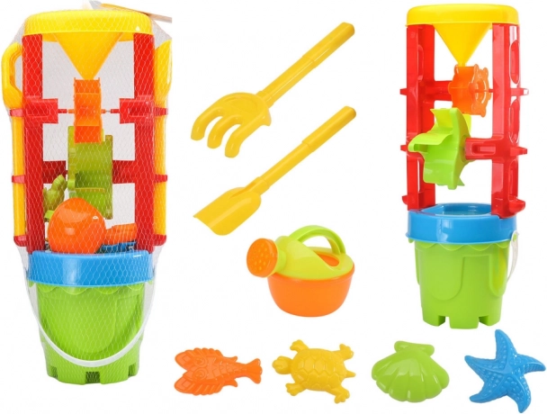 Colorful sand toy set with large mill, bucket and molds