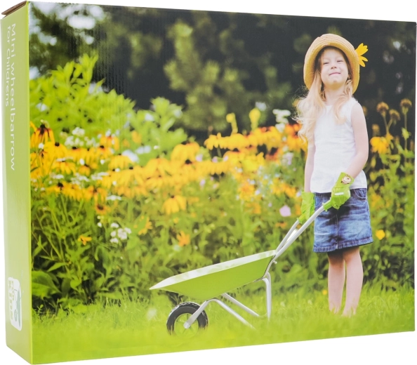 Gardening set for little gardeners with a green wheelbarrow