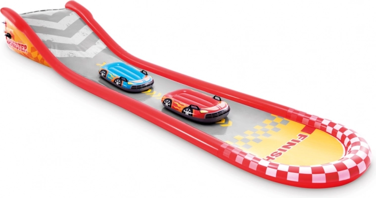 Inflatable racing track with slide and floats