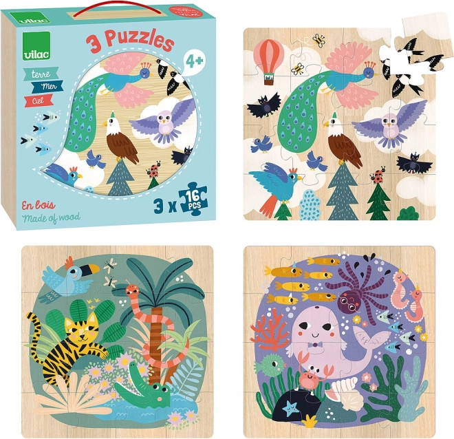 Puzzles en bois Mer, Terre et Air par Vilac