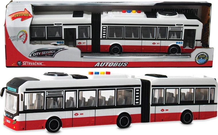 City Service Car kloubový autobus 1:16 červený se zvuky a setrvačníkem