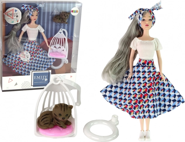 Bambola EMILY con capelli grigi con gattino e altalena