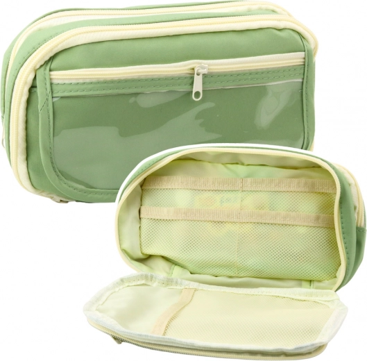 Double-compartment school pencil case with pockets green