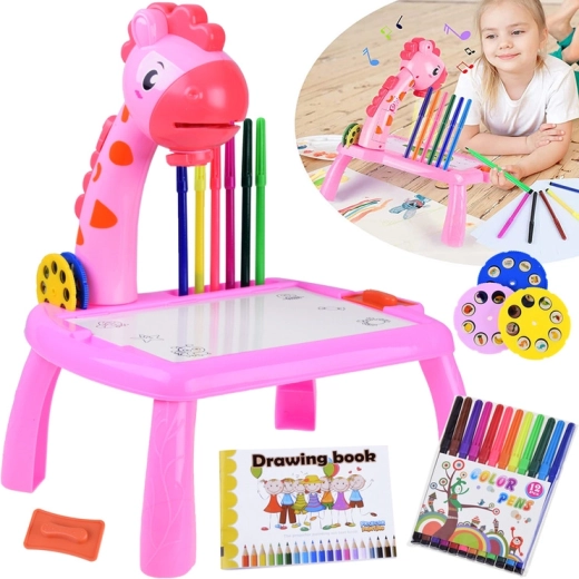 Projecteur pour enfants en forme de girafe avec table à dessin et 12 feutres – Rose