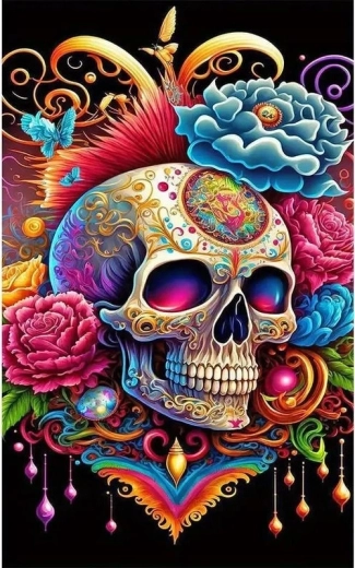 Diamantmaling Dødningehoved med blomster Halloween 30 × 40 cm