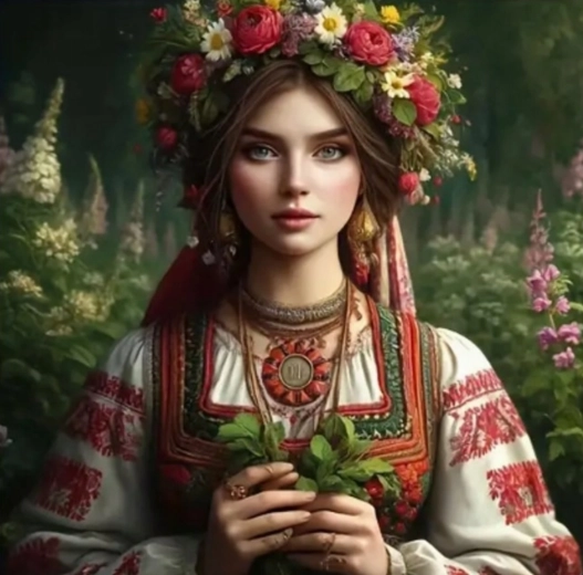 Diamantové malování – slovanská žena s květinami 30 × 40 cm