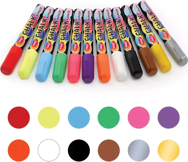 Set di pennarelli a gesso liquido per lavagne e vetro, 12 colori, 6 mm