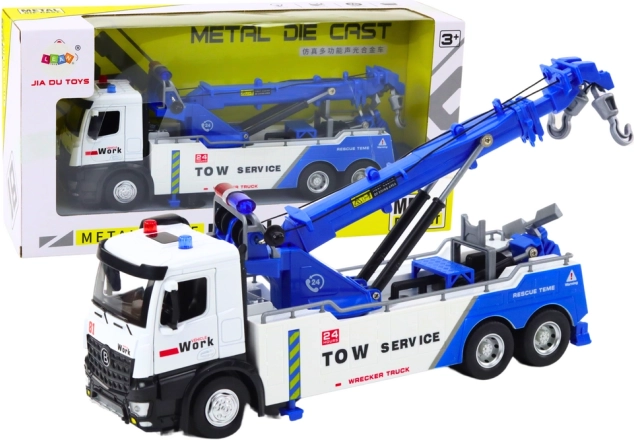 Metal Crane Truck with Two Hooks in White and Blue with Lights and Sounds