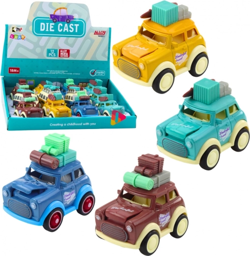 Metal retro travel toy car with spring drive and bouncing hood