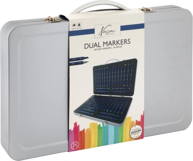 Sæt med dobbeltsidede tuscher 36 stk i metal kuffert