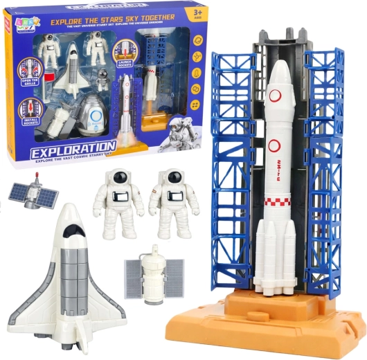 Set spaziale con razzo, torre di lancio e astronauti