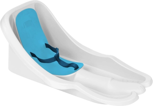 Children's sled with backrest and safety belt, white with blue seat
