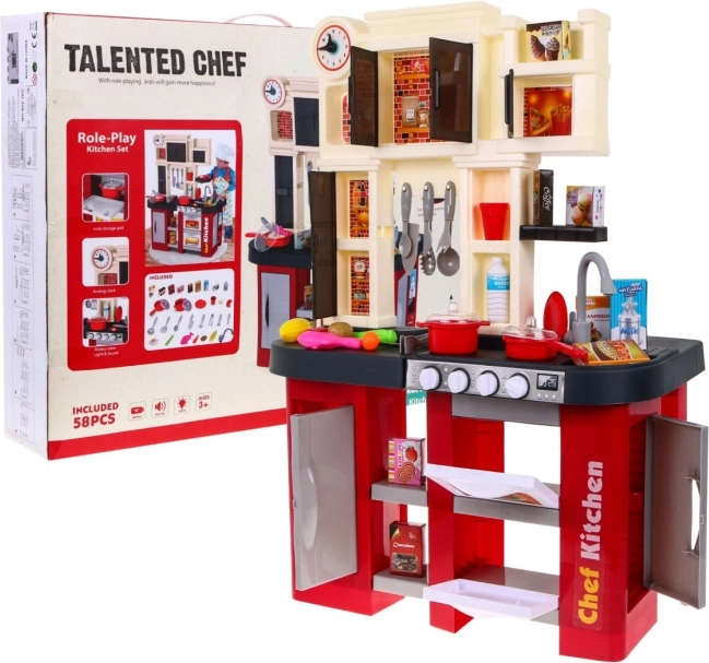 interactive kids’ play kitchen with water faucet, lights and sounds, 58 pieces