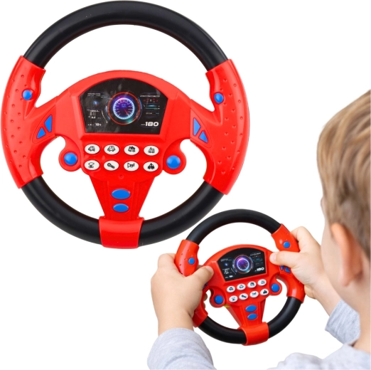 Interactive kids’ steering wheel with suction cups and sounds – red