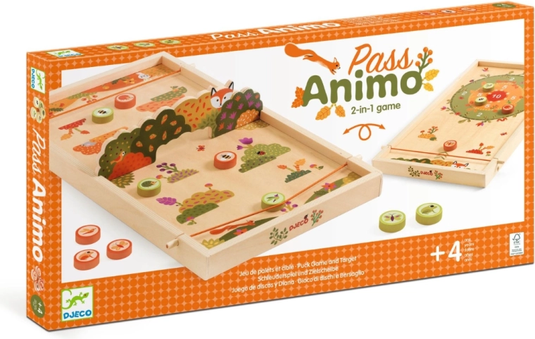 Djeco gioco da tavolo Pass Animo – biliardino a dita in legno bifacciale e pesca di gettoni