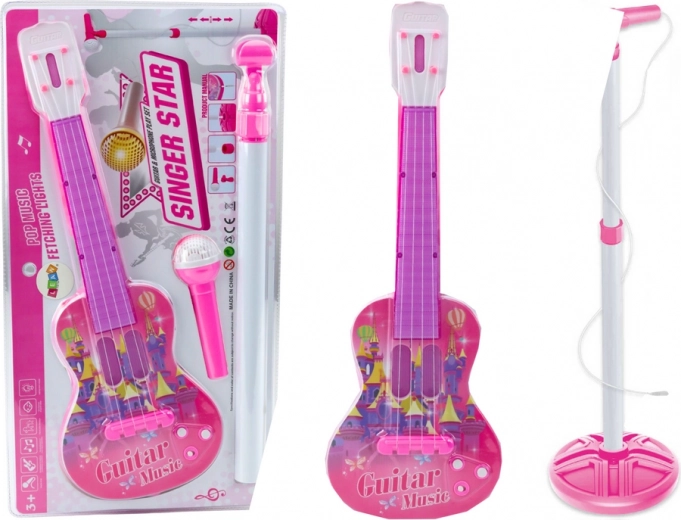 Pink kids' electric guitar with stand and battery-powered microphone