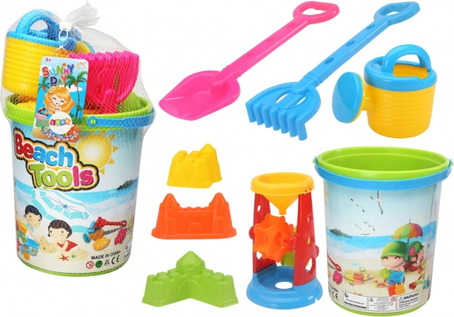 Colorful sand toy set with bucket, mill, watering can and molds