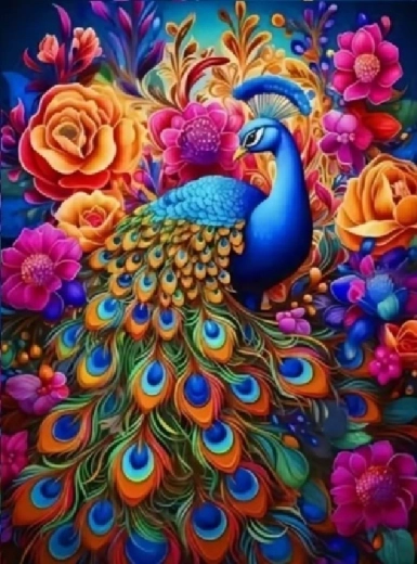 Diamantmaling – påfugl med farverige blomster 30 × 40 cm